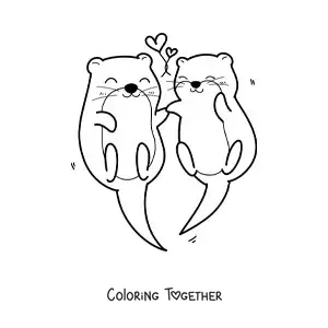 Coloring page of a pair of kawaii otters with hearts