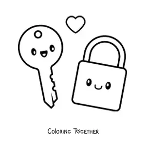 Coloring page of a kawaii key and padlock pair