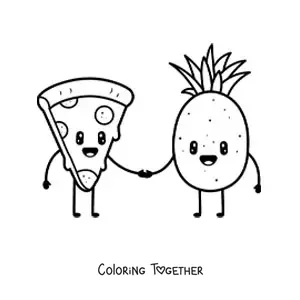 Coloring page of a kawaii pizza and pineapple pair