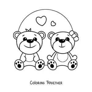 Coloring page of a pair of kawaii teddy bears with hearts