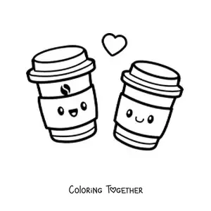 Coloring page of a pair of kawaii coffee cups