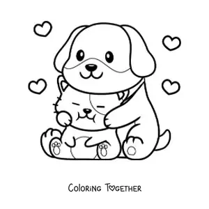Coloring page of a puppy and a kitten in love