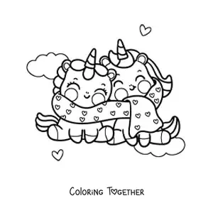 Coloring page of kawaii unicorns in love