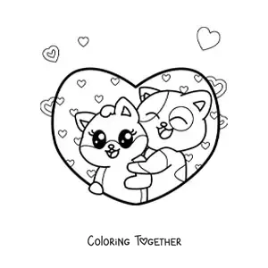 Coloring page of kawaii cats in love
