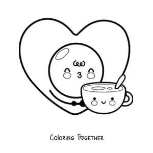 Coloring page of a fried egg and a coffee cup in love