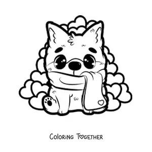 Coloring page of a kawaii dog sitting with hearts