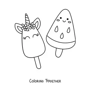 Coloring page of a kawaii unicorn popsicle with a kawaii watermelon popsicle