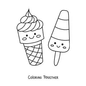 Coloring page of a kawaii ice cream cone and a kawaii popsicle