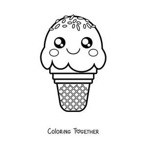Coloring page of a kawaii ice cream cone with colorful sprinkles