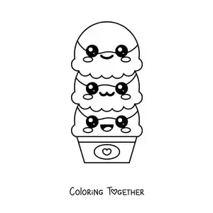 Coloring page of a large kawaii three-scoop ice cream