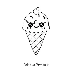Coloring page of an easy kawaii ice cream cone