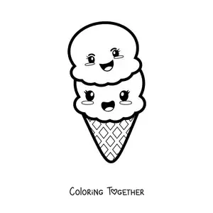 Coloring page of a cute kawaii ice cream cone