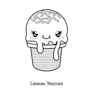 Coloring page of a cute animated kawaii ice cream cone