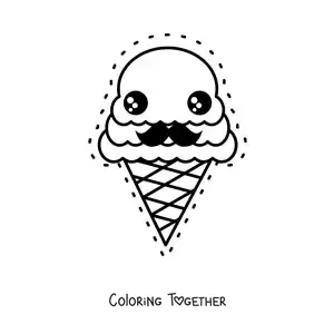 Coloring page of a cute kawaii ice cream cone with a mustache