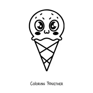 Coloring page of a kawaii ice cream cone with big eyes