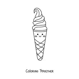 Coloring page of an easy kawaii cone ice cream