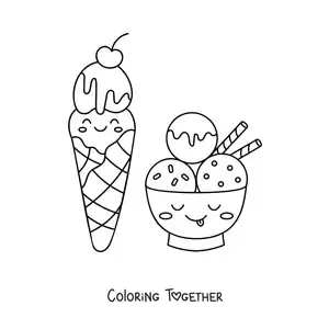 Coloring page of a kawaii ice cream cone next to a kawaii ice cream sundae