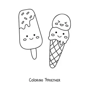 Coloring page of a kawaii two-scoop popsicle and ice cream cone
