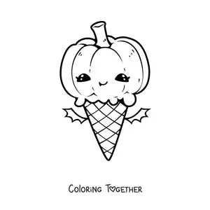 Coloring page of a kawaii Halloween pumpkin ice cream cone