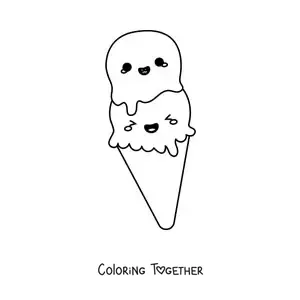 Coloring page of an easy animated kawaii ice cream cone