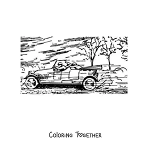 Coloring page of a car at full speed with trees in the background