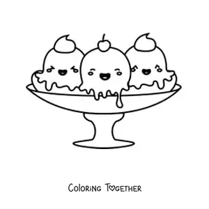 Coloring page of a kawaii banana split ice cream sundae