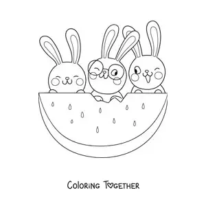 Coloring page of 3 animated kawaii rabbits eating watermelon