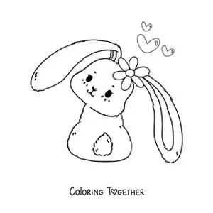 Coloring page of a cute kawaii bunny with a flower and hearts