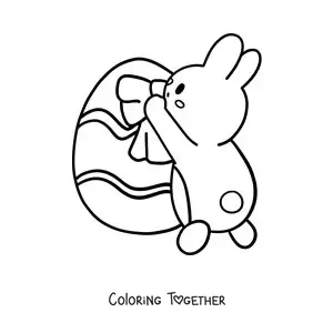 Coloring page of a kawaii Easter bunny decorating an egg