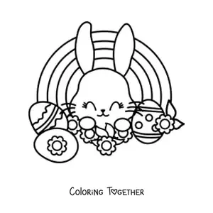 Coloring page of a kawaii bunny with Easter eggs and a rainbow
