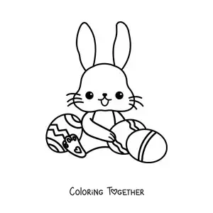 Coloring page of a kawaii bunny sitting with Easter eggs