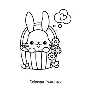 Coloring page of a kawaii bunny in a basket of flowers