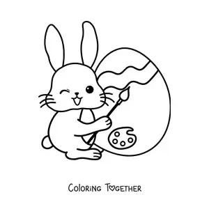 Coloring page of a kawaii bunny painting an Easter egg