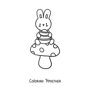 Coloring page of a kawaii rabbit sitting on a mushroom with an Easter egg