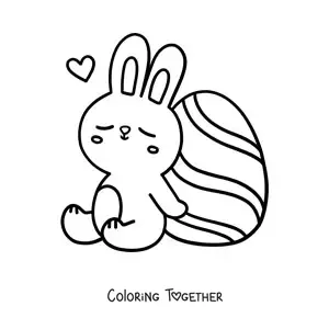 Coloring page of a cute rabbit sitting next to an Easter egg