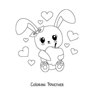 Coloring page of an animated kawaii rabbit sitting with an apple and hearts in the background