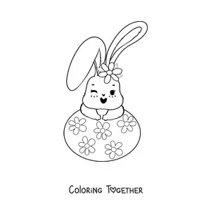 Coloring page of a cute animated bunny with an Easter egg