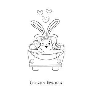 Coloring page of a cute animated bunny in a car with Easter eggs