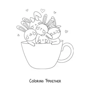 Coloring page of animated kawaii rabbits in a cup