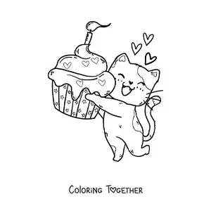 Coloring page of a kawaii kitten with a birthday cupcake