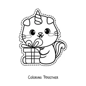 Coloring page of a kawaii caticorn with a birthday gift