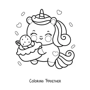 Coloring page of a kawaii unicorn with a slice of birthday cake