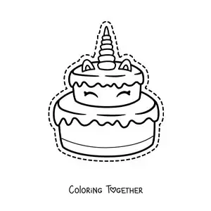 Coloring page of a large kawaii unicorn cake