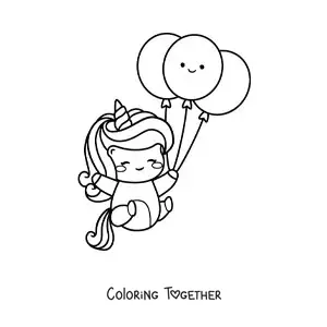 Coloring page of a kawaii unicorn with birthday balloons