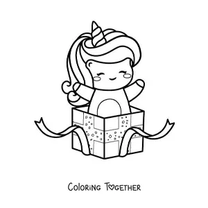 Coloring page of a kawaii unicorn in a birthday gift box