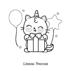 Coloring page of a kawaii caticorn opening a birthday gift