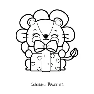 Coloring page of an animated kawaii lion with a birthday gift