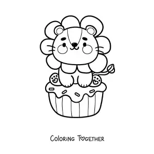 Coloring page of a cute animated lion on a birthday cupcake