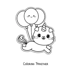 Coloring page of a kawaii caticorn floating with birthday balloons
