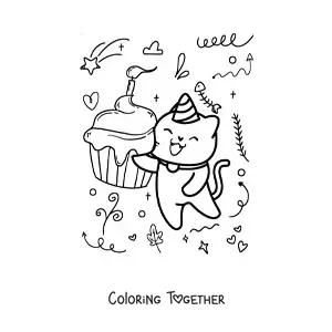 Coloring page of a kawaii birthday cat with a cupcake at a party